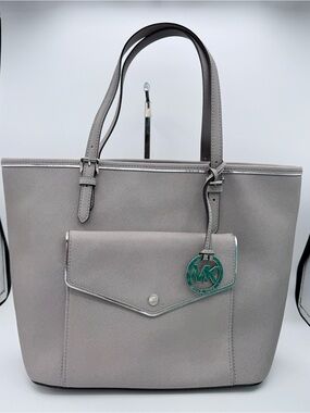 Michael Kors Jet Set Travel Grey Saffiano Leather Tote with Silver Hardware